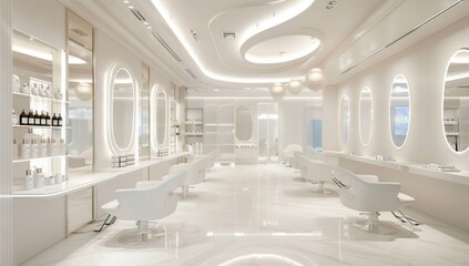 A modern and elegant beauty salon with white chairs, mirrors.