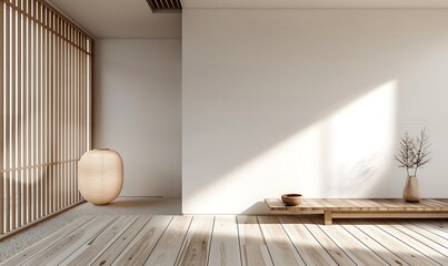 Minimal modern interior design of living room in white and wood colors, in the style of Japanese style, wall mockup blank space for product display