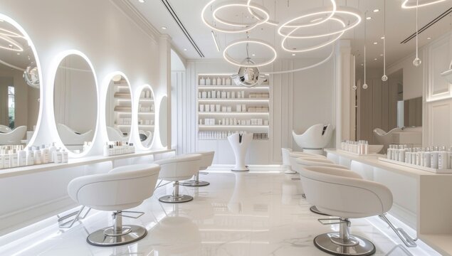 A modern and elegant beauty salon with white chairs, mirrors