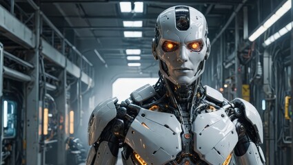 Naklejka premium Futuristic Robot in Industrial Setting
