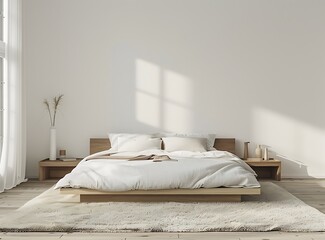 Minimalist bedroom with white walls, light wood furniture and a plush rug