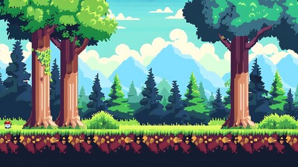 Forest landscape with 8 bit pixel art game screen style.