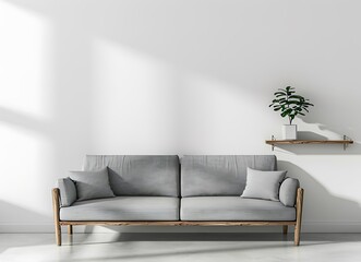 Minimalist gray living room interior with sofa, white wall and wooden shelf containing a plant on it