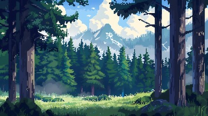 Forest landscape with 8 bit pixel art game screen style.