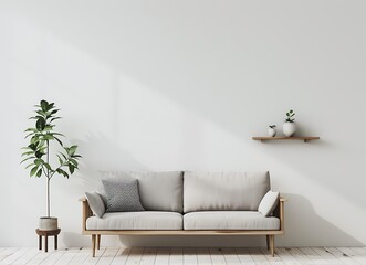 Minimalist gray living room interior with sofa, white wall and wooden shelf containing a plant on it