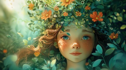 A whimsical 2D animated portrait of a young girl surrounded by elements of nature The artwork features a girl with a gentle smile her hair adorned with flowers and leaves The background is a soft