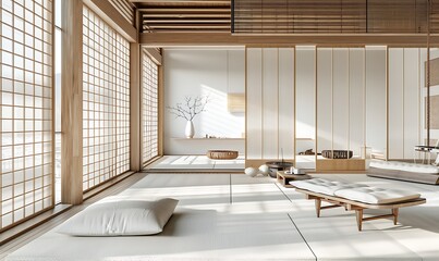 Minimalist interior design of living room in white and wood colors, in the style of Japanese style mock up