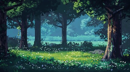 Forest landscape with 8 bit pixel art game screen style.