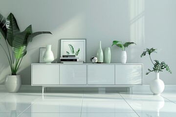 Minimalist white and grey living room with a modern sideboard cabinet, vases, and books on top of the cabinets