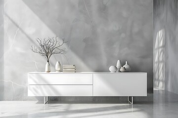 Minimalist white cabinet with books and vases on top, against gray wall in a modern living room interior, 3D rendering illustration of home decor