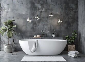 Modern bathroom interior with gray walls, freestanding bathtub and concrete floor