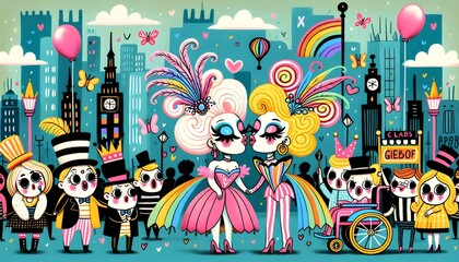 Fototapeta premium Día del orgullo gay, gay, orgullo, bandera, arcoiris, unicornio, llama, dibujos animados, decoraciones, alegre, empapelar, pintada, el amor es el amor, homosexual, lesbiana, pareja, comunidad, lgbt
