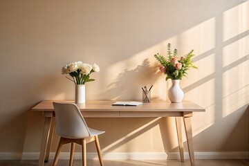 A minimalist desk setup with a neutral beige backdrop, featuring a vase of flowers illuminated by gentle sunlight.