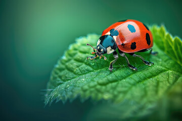 Naklejka premium Closeup of a ladybug on a green leaf, natures tiny wonder theme