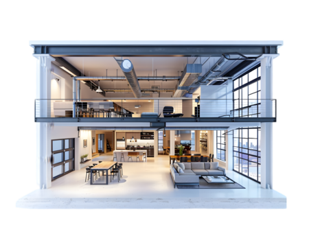 Beautiful mansion with open floor plan on transparent background