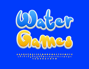 Vector playful emblem Water Games. Funny Yellow Font. Artistic Alphabet Letters and Numbers set.