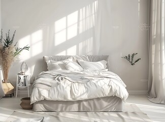Modern bedroom with gray bed and white linen sheets, a comfortable king size platform bed in the style of a minimalist home interior design of a modern living room, with morning light from the window