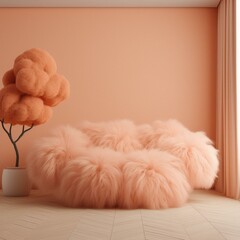 Peach fuzz ,empty room ,minimal interior livingroom. peach color paint wall. color of the year 2024 . Mockup background. 3d render