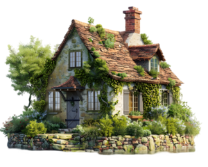 Charming cottage with water front views on transparent background