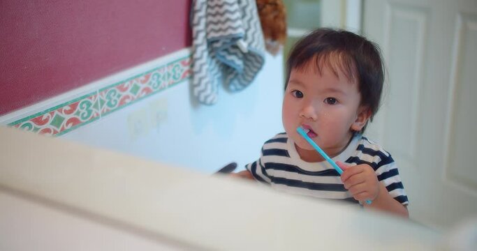 Happy Adorable Toddler Child Brushing Teeth Smiling in Bathroom Morning Routine at Home Interior, showcasing a morning hygiene routine and healthy habits, Personal Care, Family Life, Childhood Moments