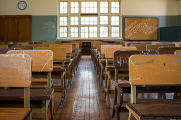 Empty school classroom with rows of wooden chairs and desks