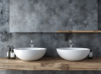 Modern double bathroom sink with white and wood top on concrete wall, interior design of modern minimalist home