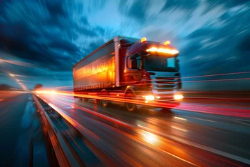 Fotobehang Snelweg bij nacht Semi-truck moving on a highway at night with motion blur and light trails, representing transportation and logistics  © Emanuel