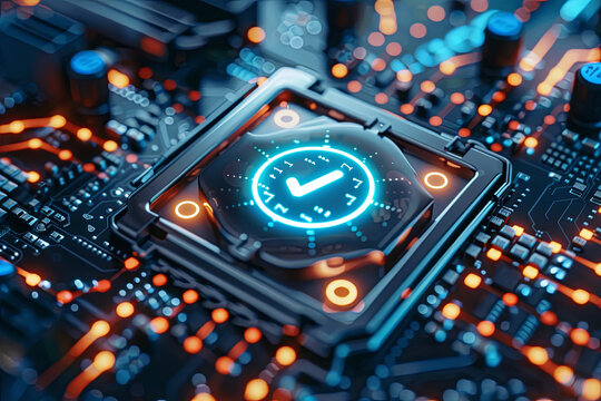 Cybersecurity concept with secure connection checkmark, motherboard, and safety authentication network or AI regulation laws featuring login and verified credentials