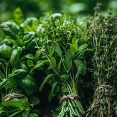 Lush Green Background with Bundles of Herbs Tied