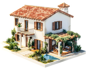 Classic luxury home with clear water pool on transparent background