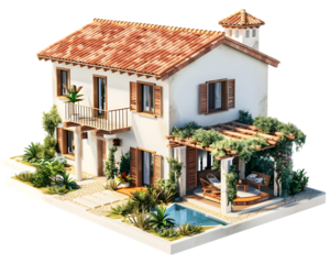 Classic luxury home with clear water pool on transparent background