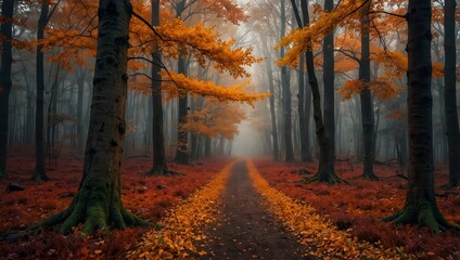 Obraz premium The enchanting beauty of a forest ablaze with the fiery hues of autumn ai_generated