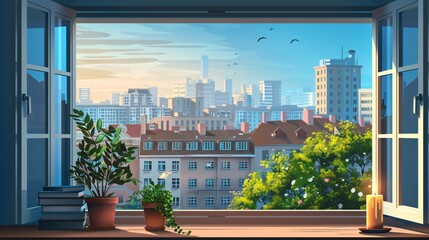 Glimpse of cityscape from open window, overlooking historic buildings, towering structures, and bustling streets, with a cozy windowsill adorned with literature, candlelight, and a potted plant.