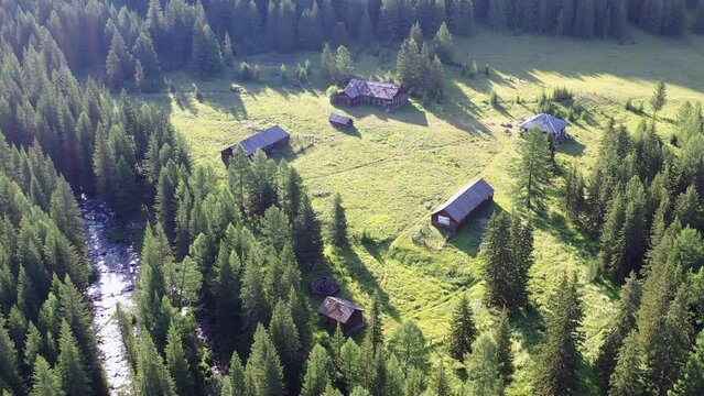 Aerial drone video of An old wooden border outpost built in the early 20th century near Altai river Upper Kulash.