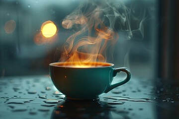 A vibrant image of a hot, flavorful cup of java, deep and fragrant, enveloped in gentle vapor, evoking a warm and welcoming atmosphere, snapped on a rainy day, with gentle, muted brightness, ideal for