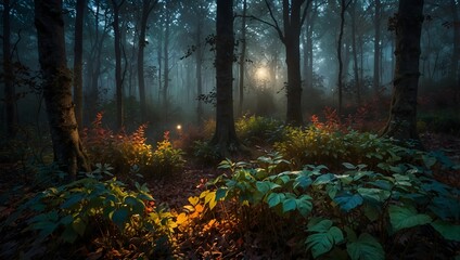 Obraz premium The ethereal atmosphere of a mystical forest bathed in the soft glow of twilight, its canopy alive with a myriad of colorful leaves ai_generated