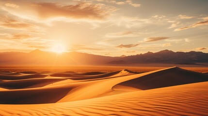 Beautiful desert sun setting over arid sandy dunes wilderness scenery in hot climate
