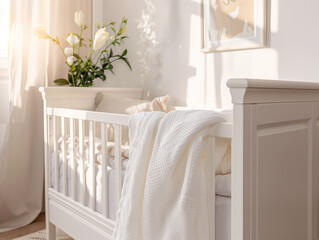 Stylish baby room with empty baby cot with mattress, sheet, pillow and blanket.