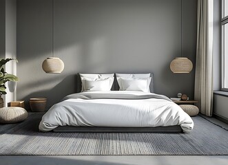 Modern gray bed with white pillows and gray carpet in a minimalistic bedroom interior with a window, side view