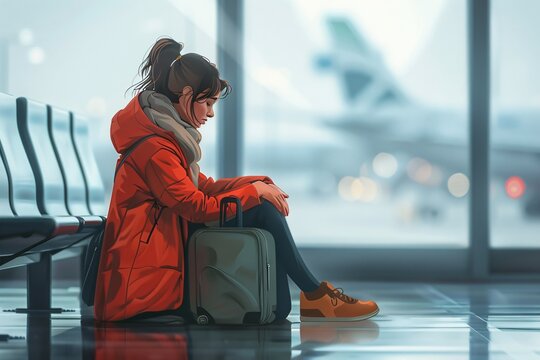 Airport traveler feeling upset and exhausted while waiting for delayed or canceled flight with baggage.