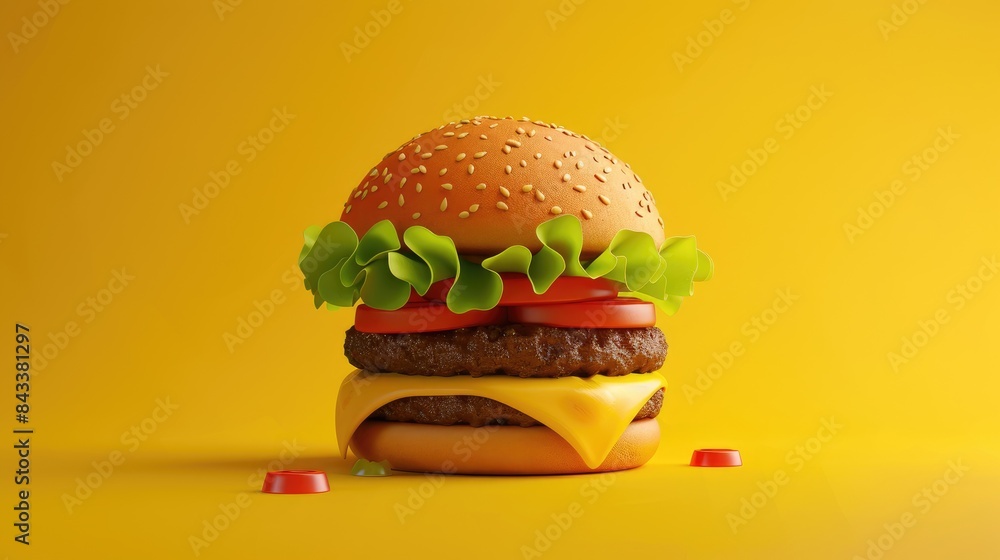 Wall mural A Double Cheeseburger icon stands alone in a stylized design set against a vibrant yellow backdrop