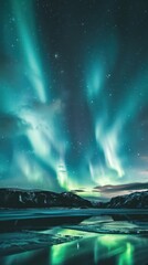 Northern Lights Over Snowy Mountains - Stunning capture of the Northern Lights dancing over snow-capped mountains and a calm lake, reflecting the vibrant auroras in the night sky.
