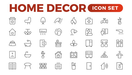 Set of furniture and home decor related icon set. home decor, decorations line icons. Contains such Icons as Children's Bed, Sofa, Hanger and more. Linear icon illustration collection.