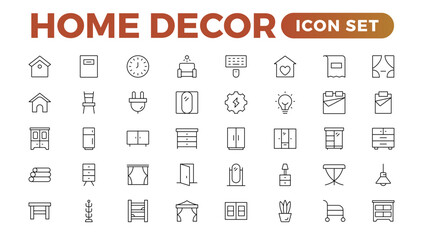 Set of furniture and home decor related icon set. home decor, decorations line icons. Contains such Icons as Children's Bed, Sofa, Hanger and more. Linear icon illustration collection.