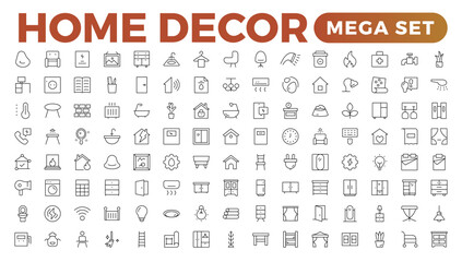 Set of furniture and home decor related icon set. home decor, decorations line icons. Contains such Icons as Children's Bed, Sofa, Hanger and more. Linear icon illustration collection.