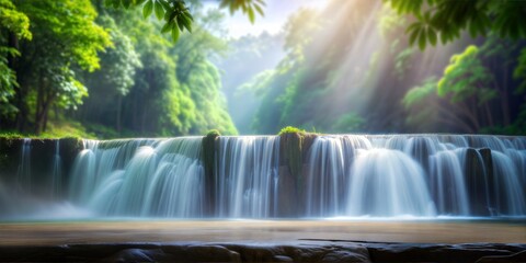 Obraz premium Waterfall Mist Blur Background: A blur background that captures the mist of a waterfall, adding a sense of freshness to product advertising. 