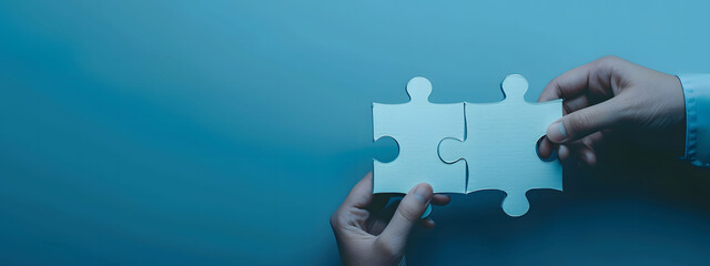 Two hands of business people connecting puzzle pieces on a blue background with copy space, symbolizing collaboration and teamwork. Background for business solutions, success, and strategy.