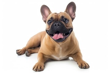 French Bulldog with Squished Face and a Happy Tail Wag: A French Bulldog with a squished face and a happy tail wag, expressing joy and excitement. photo on white isolated background