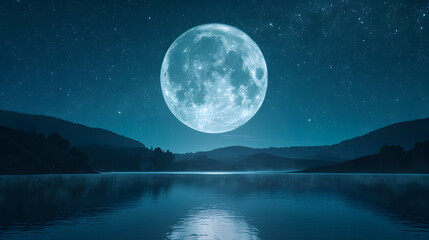 enormous beautiful moon illuminating a lake