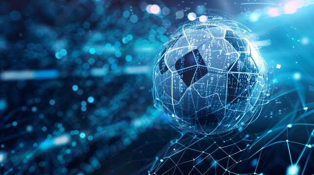 Abstract image presenting a soccer ball with digital analytics interface, symbolizing online sports betting and data analysis 